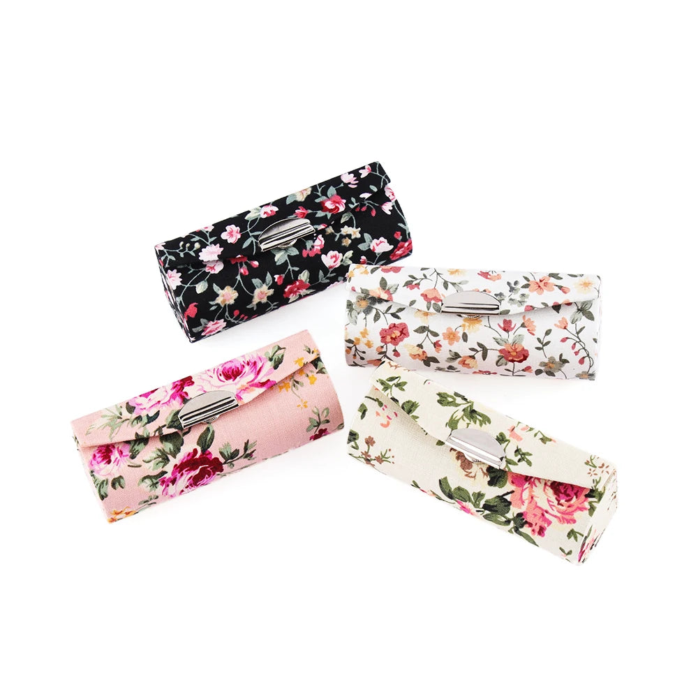 Retro Embroidered Flower Lipstick Case Mirror Packaging Lip Gloss Box Lipstick Holder Jewelry Makeup Storage Women Grils Gift