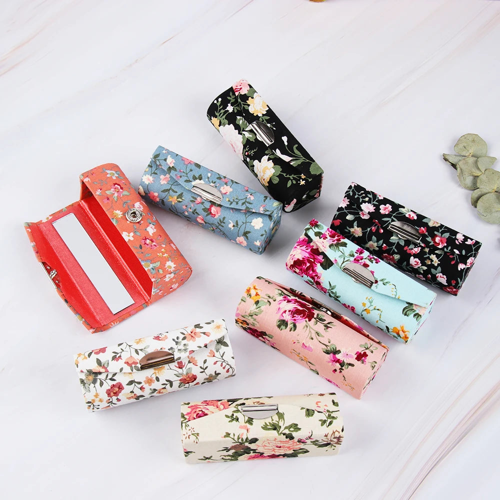 Retro Embroidered Flower Lipstick Case Mirror Packaging Lip Gloss Box Lipstick Holder Jewelry Makeup Storage Women Grils Gift