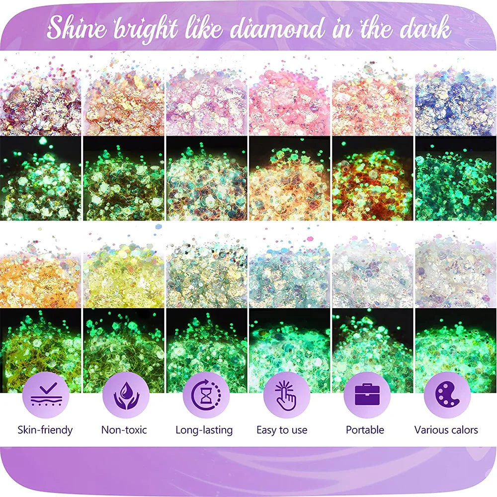12 Colors Glitter Gel Makeup Glow in The Dark Body Glitter Gel UV Face Glitter for Women Festival Party Glitter Makeup Gel
