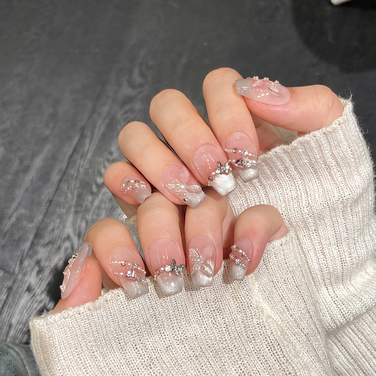 10pcs Handmade Press on Nails Pink Butterfly French Cat Eye Fake Nails Wearable Full Cover Shiny Sweet Korean Fake Nail Tips