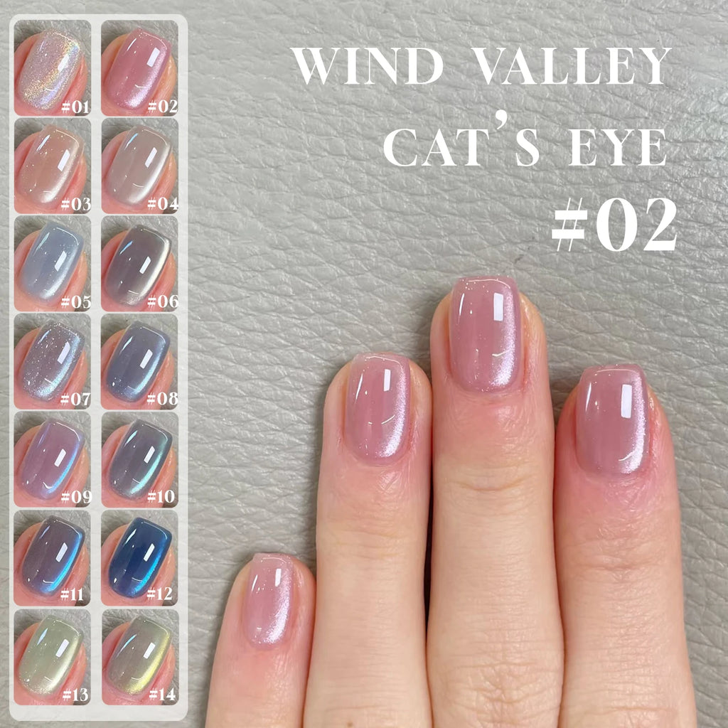 MN 2026 Valley of Wind Cat Eye Gel Nail Polish Icy Blue Pink Tone with Glass Beads Satin Porcelain White Fine Magnetic Powder