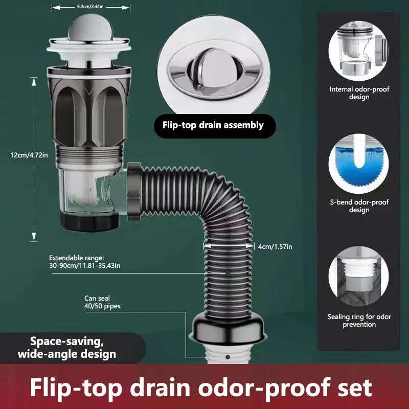 Flip Stainless Steel Washbasin Washbasin Sink Wall Drainage Pipe Kitchen Bathroom Universal Accessories Anti Odor Drainage Pipe