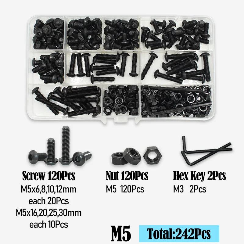 2510 to 142 Round Hex Cap Screw Kit M2 M2.5 M3 M4 M5 M6 Black 10.9 Grade Socket Button Head Allen Drive Machine Screws Bolt ISO7