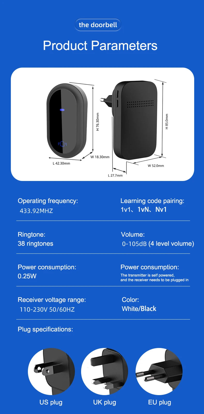 Outdoor Waterproof Long-Distance Self Powered Wireless Doorbell Without Battery Household RF433 Kinetic Door Bell