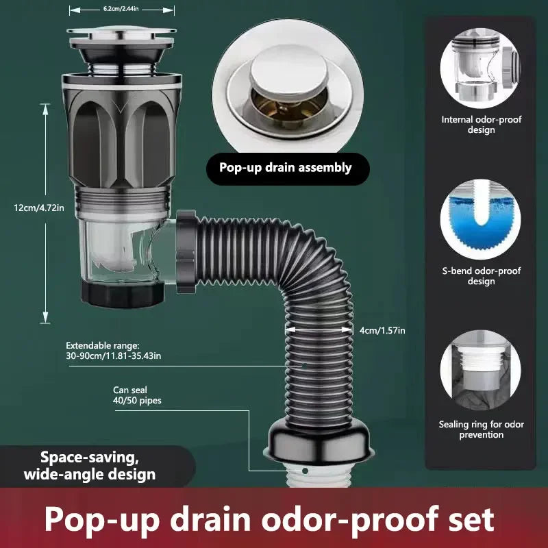 Flip Stainless Steel Washbasin Washbasin Sink Wall Drainage Pipe Kitchen Bathroom Universal Accessories Anti Odor Drainage Pipe