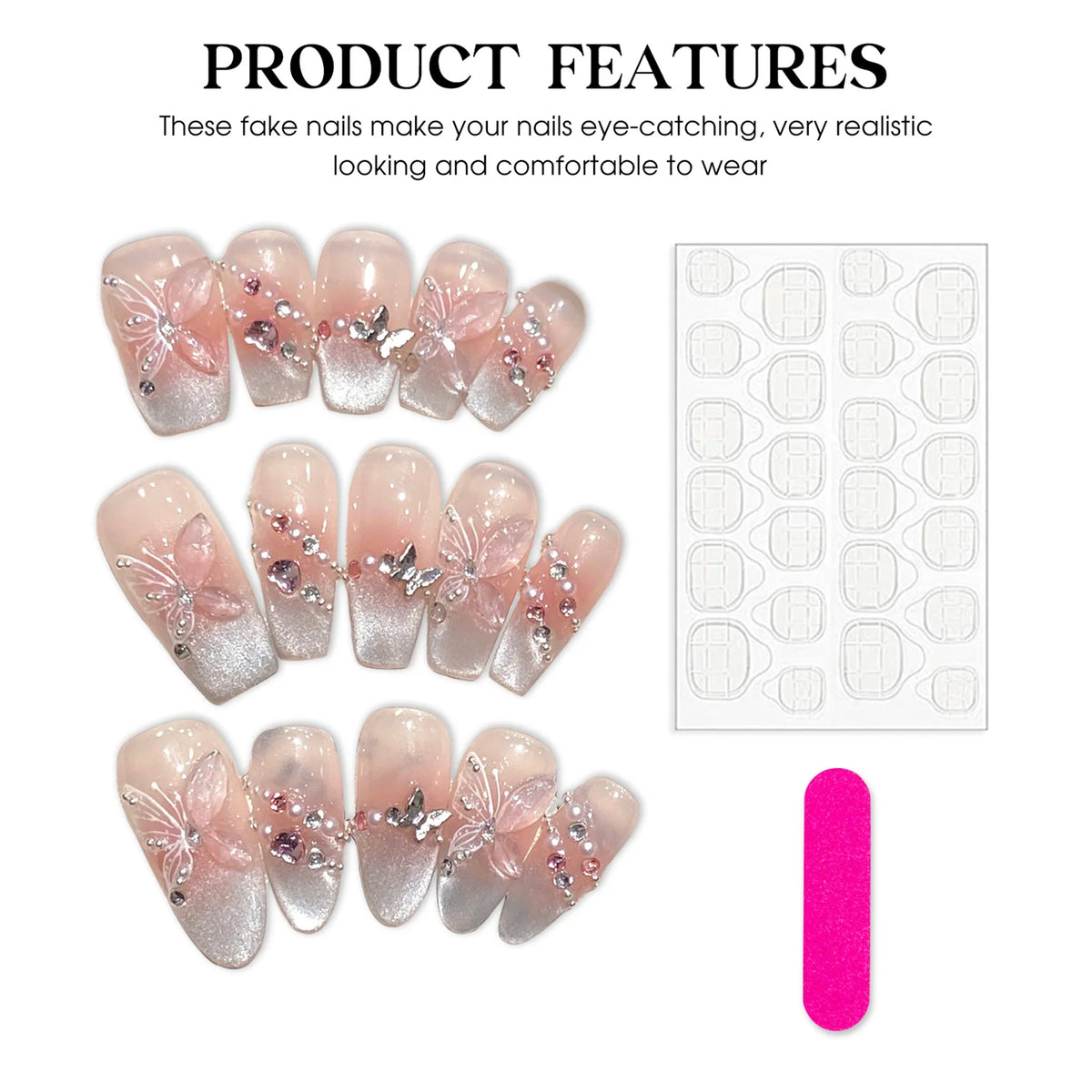 10pcs Handmade Press on Nails Pink Butterfly French Cat Eye Fake Nails Wearable Full Cover Shiny Sweet Korean Fake Nail Tips