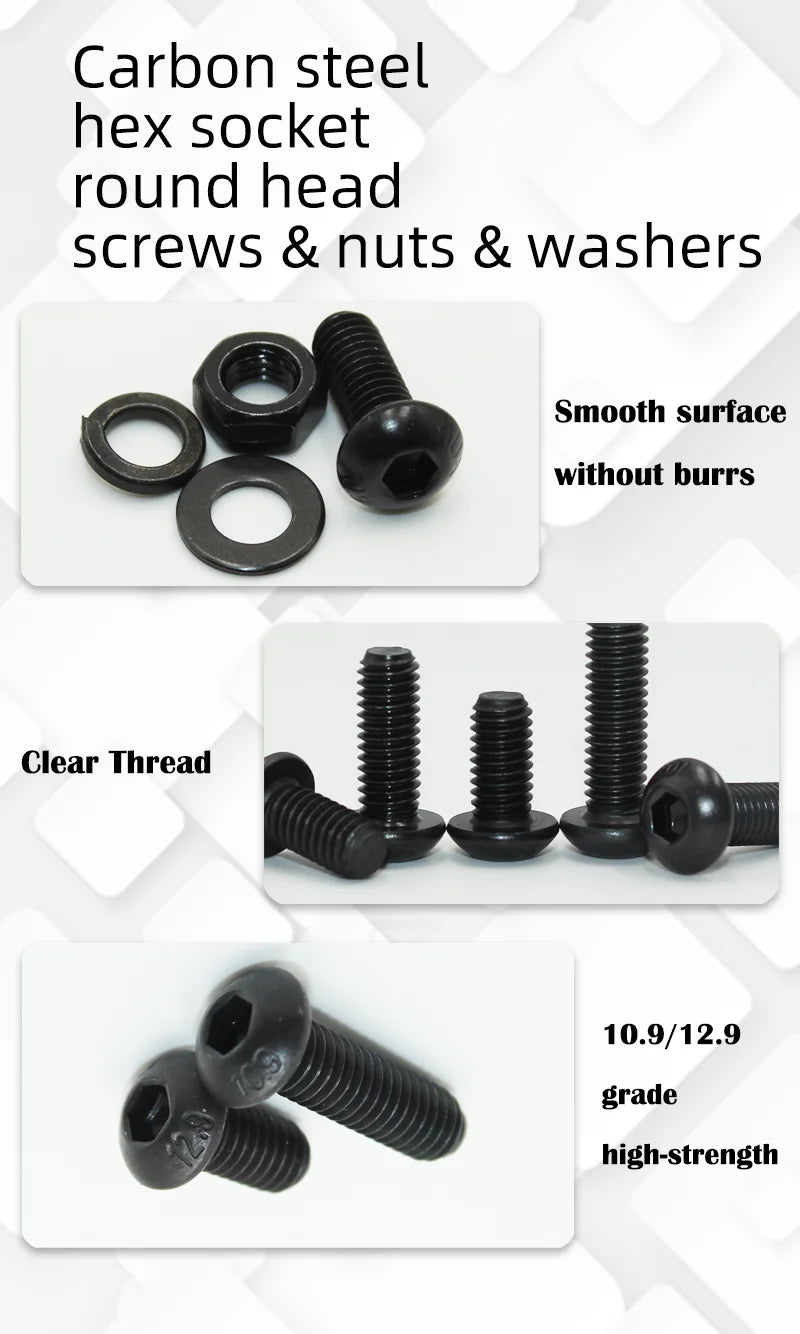2510 to 142 Round Hex Cap Screw Kit M2 M2.5 M3 M4 M5 M6 Black 10.9 Grade Socket Button Head Allen Drive Machine Screws Bolt ISO7