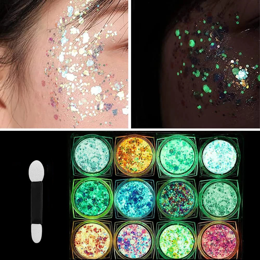 12 Colors Glitter Gel Makeup Glow in The Dark Body Glitter Gel UV Face Glitter for Women Festival Party Glitter Makeup Gel