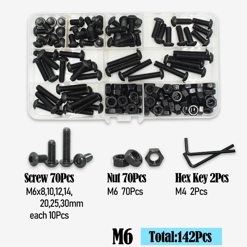 2510 to 142 Round Hex Cap Screw Kit M2 M2.5 M3 M4 M5 M6 Black 10.9 Grade Socket Button Head Allen Drive Machine Screws Bolt ISO7