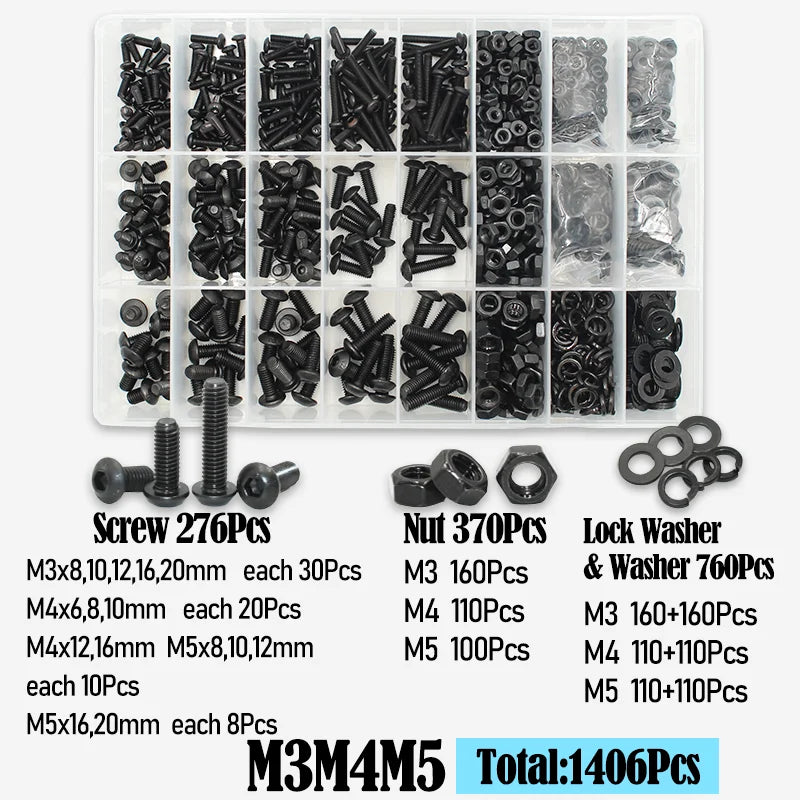 2510 to 142 Round Hex Cap Screw Kit M2 M2.5 M3 M4 M5 M6 Black 10.9 Grade Socket Button Head Allen Drive Machine Screws Bolt ISO7