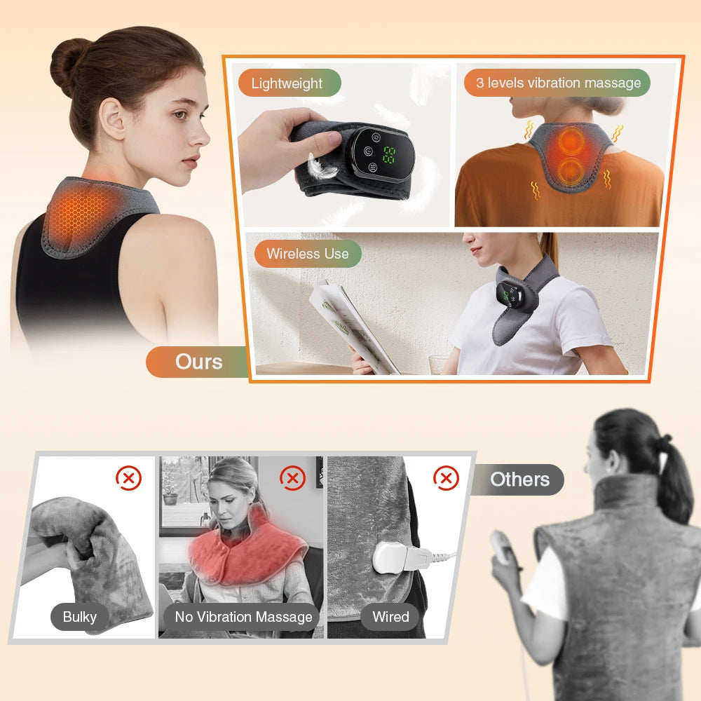 Wireless Neck Heating Pad Electric Vibration Massage Heated Neck Wrap for Neck & Shoulder Rechargeable Neck Warmer Portable