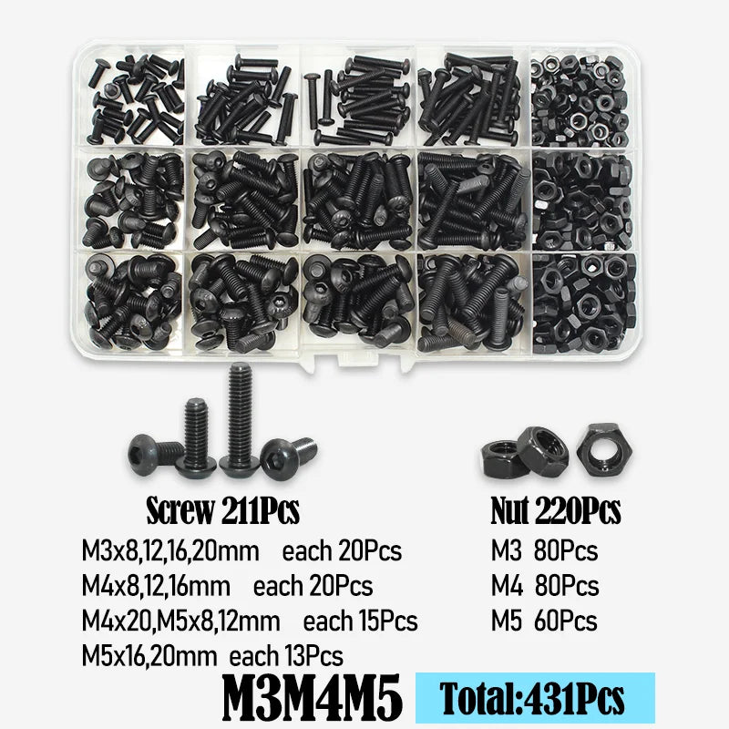 2510 to 142 Round Hex Cap Screw Kit M2 M2.5 M3 M4 M5 M6 Black 10.9 Grade Socket Button Head Allen Drive Machine Screws Bolt ISO7
