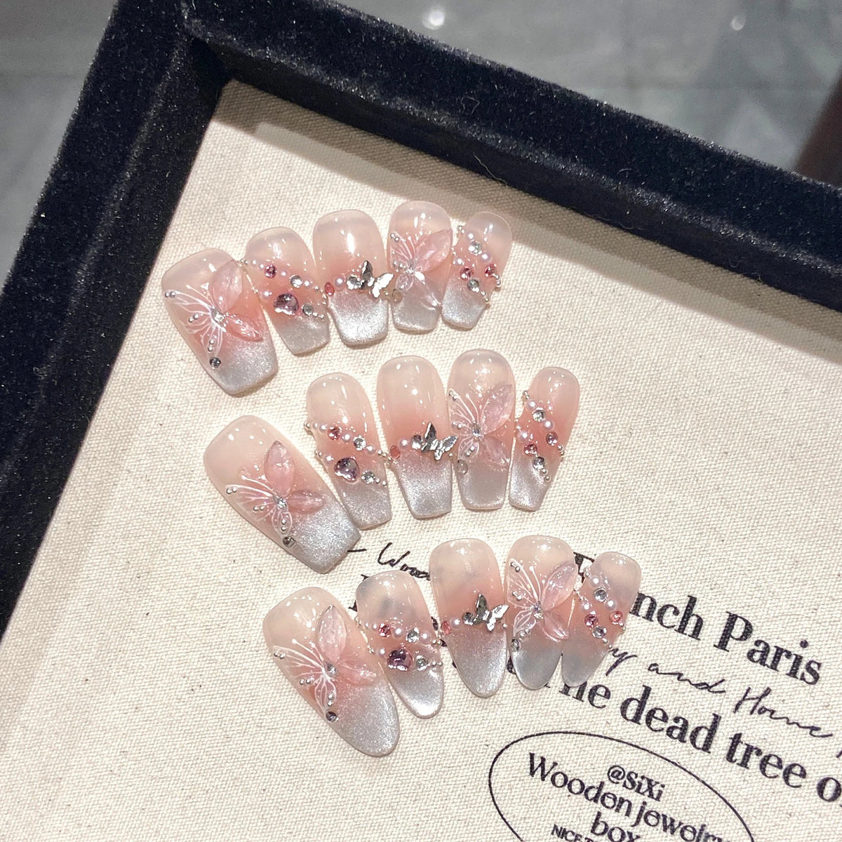 10pcs Handmade Press on Nails Pink Butterfly French Cat Eye Fake Nails Wearable Full Cover Shiny Sweet Korean Fake Nail Tips