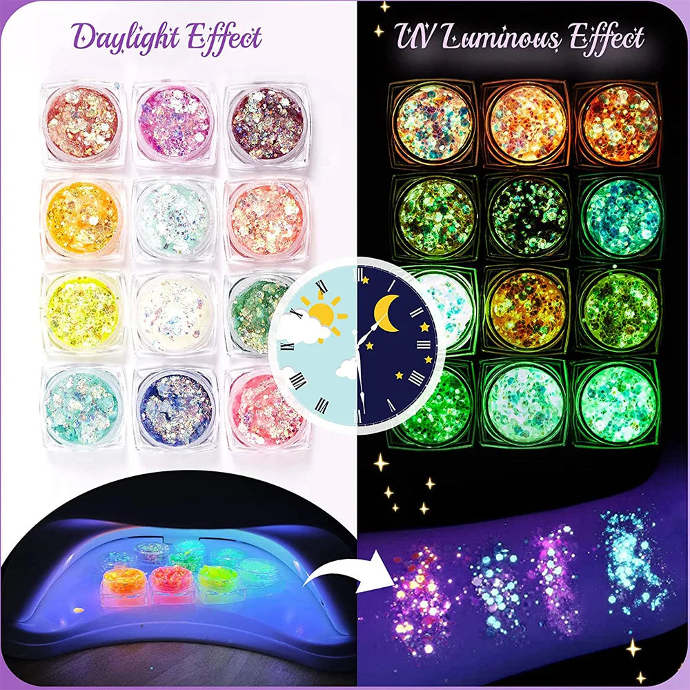 12 Colors Glitter Gel Makeup Glow in The Dark Body Glitter Gel UV Face Glitter for Women Festival Party Glitter Makeup Gel