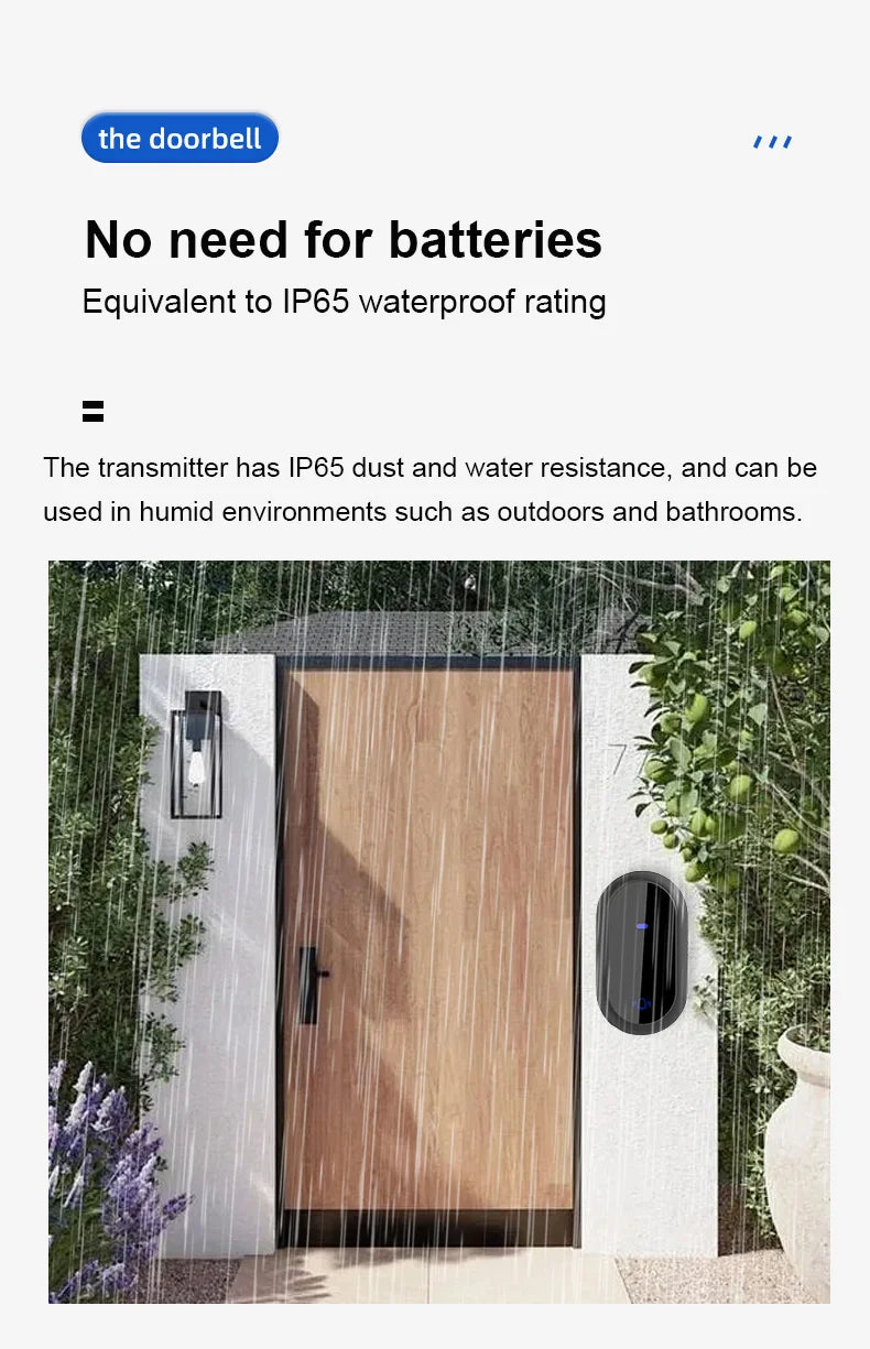 Outdoor Waterproof Long-Distance Self Powered Wireless Doorbell Without Battery Household RF433 Kinetic Door Bell