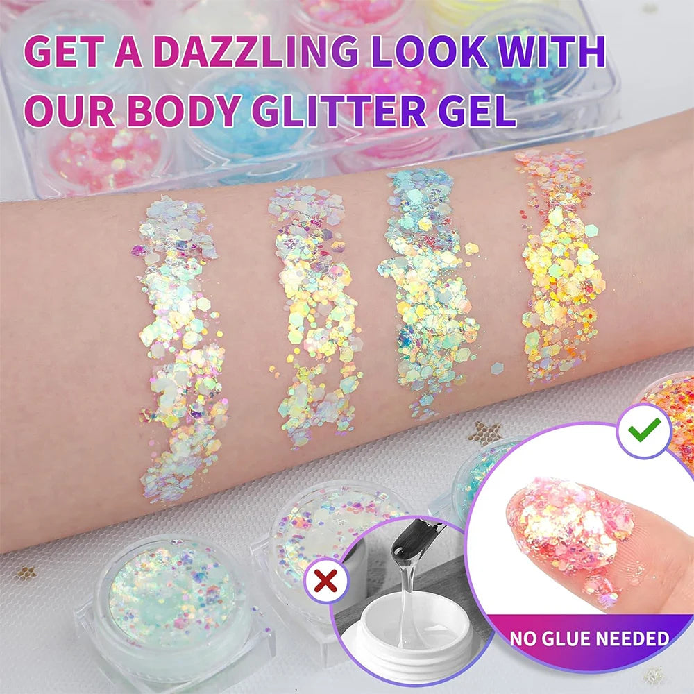 12 Colors Glitter Gel Makeup Glow in The Dark Body Glitter Gel UV Face Glitter for Women Festival Party Glitter Makeup Gel