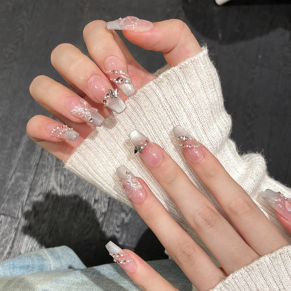 10pcs Handmade Press on Nails Pink Butterfly French Cat Eye Fake Nails Wearable Full Cover Shiny Sweet Korean Fake Nail Tips