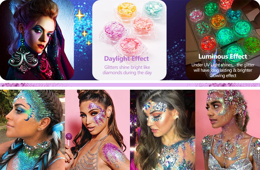 12 Colors Glitter Gel Makeup Glow in The Dark Body Glitter Gel UV Face Glitter for Women Festival Party Glitter Makeup Gel