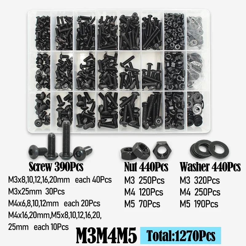 2510 to 142 Round Hex Cap Screw Kit M2 M2.5 M3 M4 M5 M6 Black 10.9 Grade Socket Button Head Allen Drive Machine Screws Bolt ISO7