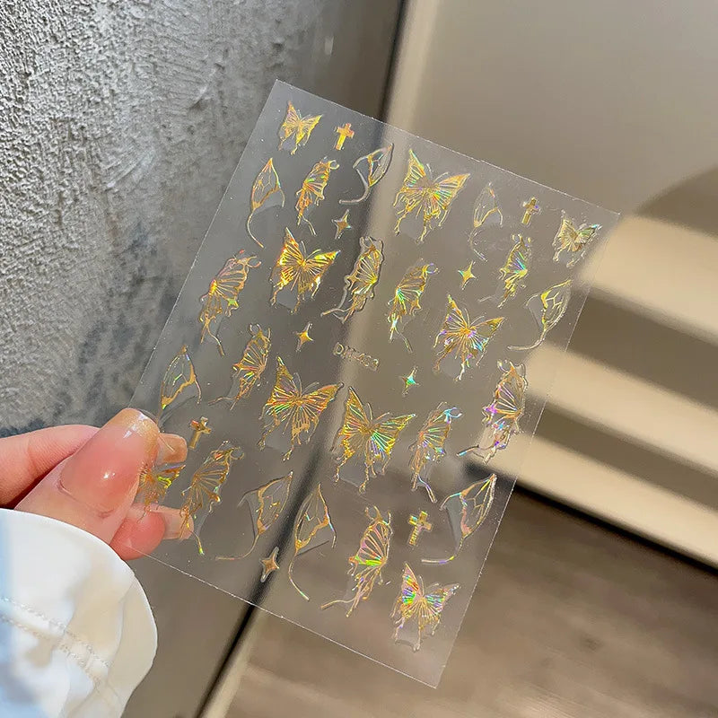 Pink Purple Aurora Shell Butterfly Nail Stickers Shiny Laser 3D Butterflies Nail Decals 8*10cm Adhesive Aurora Shell Butterfly N
