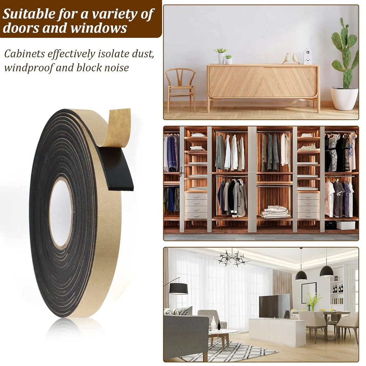 Black Soundproof Foam Tape for Single-Sided Sound Insulation, Shock Absorption and Door and Window Joint Filling