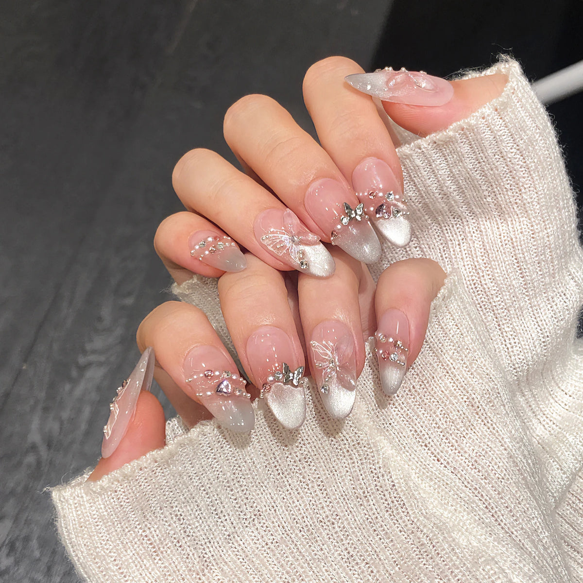 10pcs Handmade Press on Nails Pink Butterfly French Cat Eye Fake Nails Wearable Full Cover Shiny Sweet Korean Fake Nail Tips