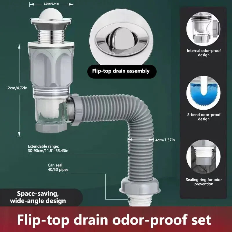 Flip Stainless Steel Washbasin Washbasin Sink Wall Drainage Pipe Kitchen Bathroom Universal Accessories Anti Odor Drainage Pipe