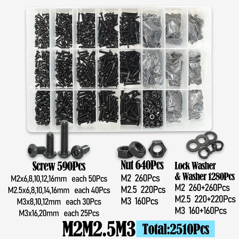 2510 to 142 Round Hex Cap Screw Kit M2 M2.5 M3 M4 M5 M6 Black 10.9 Grade Socket Button Head Allen Drive Machine Screws Bolt ISO7