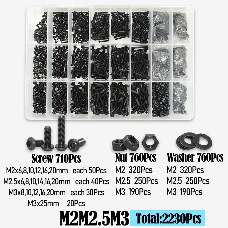 2510 to 142 Round Hex Cap Screw Kit M2 M2.5 M3 M4 M5 M6 Black 10.9 Grade Socket Button Head Allen Drive Machine Screws Bolt ISO7