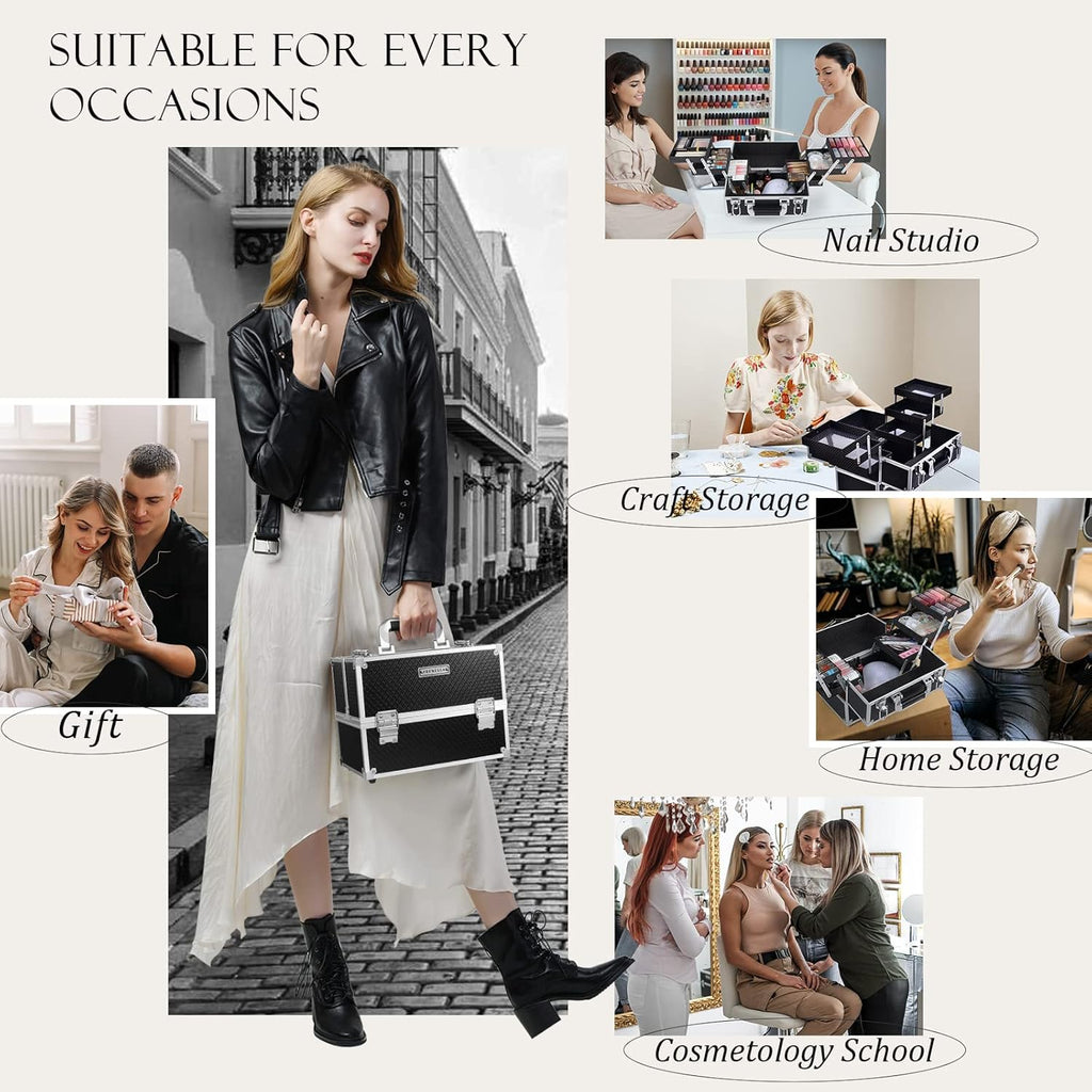 Makeup Train Case Makeup Case 11.8 Inch Large Cosmetic Box Organizer Travel Storage Professional Make up Train Carrying Case with 6 Trays Locking Hard Vanity Storage Black